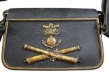 a small black purse with two crossed swords on it