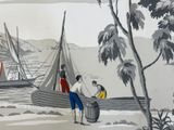 a painting of a man holding a basket next to a boat