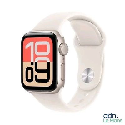 une Apple Watch blanche avec un logo rouge et blanc sur l'écran