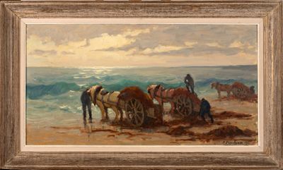an oil painting of horses on a beach with a man plowing the sand