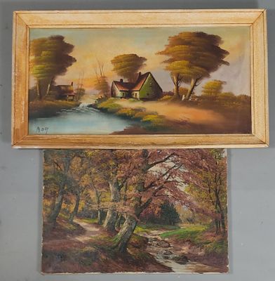 deux tableaux représentant une maison et un ruisseau, dans une pièce