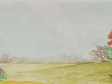 painting of a man with a hat and a cane walking in a field