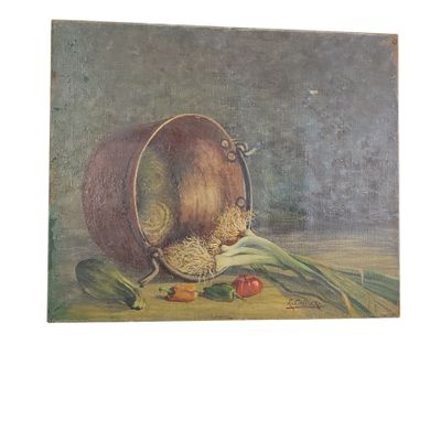 une image représentant une peinture d'un seau rempli de nourriture posé sur une table