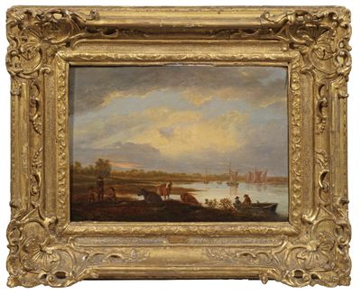une peinture à l'huile représentant une scène fluviale avec des bateaux et des personnes sur la rive