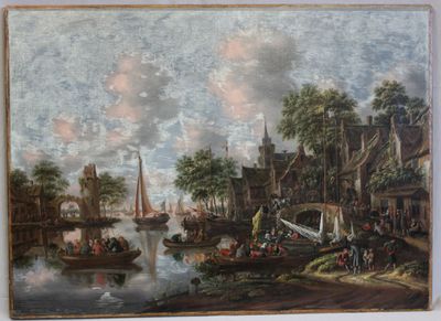 François MANS XVIIème Ville portuaire animée, toile rentoilé…