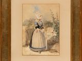 painting of a woman in a white dress and a blue hat
