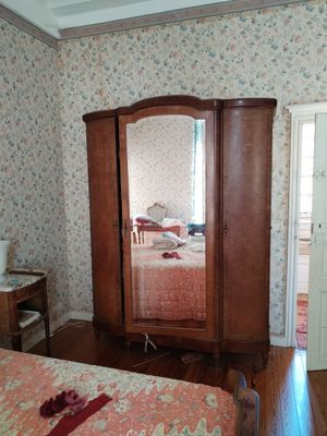 a bedroom with a bed, dresser, and mirror in it
