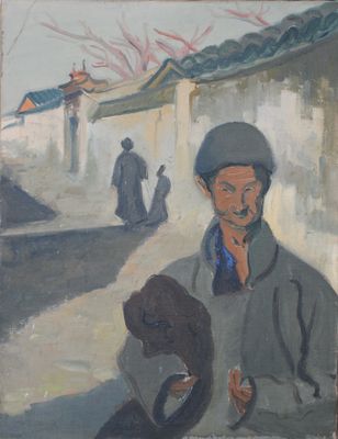 painting of a man and a child walking down a street