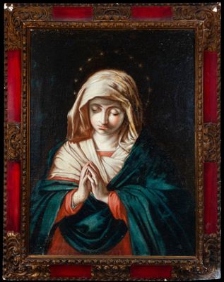 a painting of a woman with her hands folded in prayer