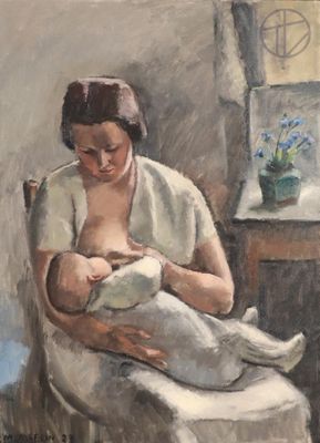 painting of a woman breasting a baby in a chair