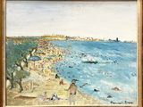 an oil painting of a beach scene with people on the sand