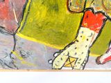 un tableau représentant une femme marchant dans la rue avec un parapluie