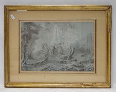 a drawing of a group of people in a wooded setting
