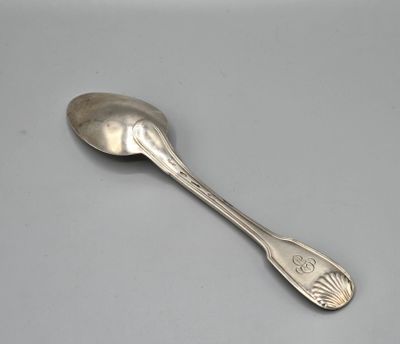 une cuillère en argent posée sur une surface grise, sur fond blanc