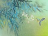 painting of a hummingbird flying in the air next to a flower