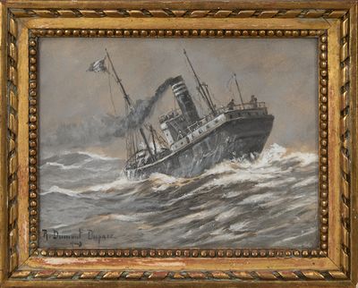 une peinture à l'huile représentant un navire en mer, arborant un drapeau