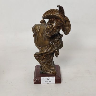 une statue en bronze d'un homme avec un chapeau sur la tête