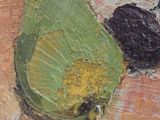a painting of a pear and a piece of fruit on a table