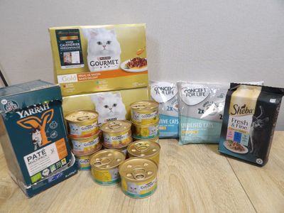 de nombreux types différents de nourriture pour chat sur la table