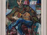 an oil painting of a man sitting in a chair playing a guitar