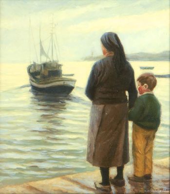 tableau représentant une femme et un enfant regardant un bateau sur l'eau