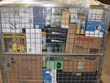 a metal cart with many boxes on top of it