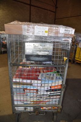 a cart full of magazines in a warehouse