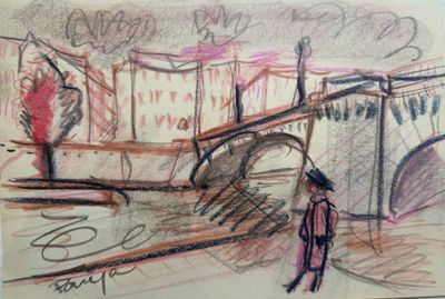 drawing of a person standing in front of a drawing of a bridge