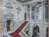 painting of a staircase in a building with a red carpet