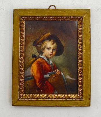 painting of a young boy in a red coat and hat holding a book