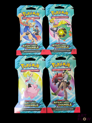 trois paquets de cartes à collectionner pokemon sont représentés sur un fond noir