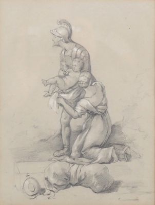 un vieux dessin représentant une femme tenant un enfant sur ses genoux