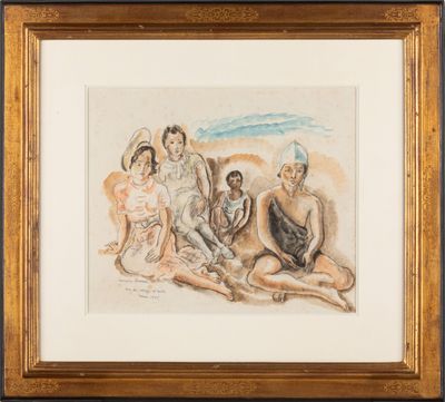 une image représentant un dessin d'un groupe de personnes assises sur la plage