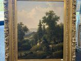 une peinture à l'huile représentant un paysage, posée sur un chevalet dans une pièce