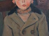 an oil painting of a little girl sitting in a chair