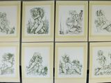 six framed drawings of a woman and a man sitting on a couch