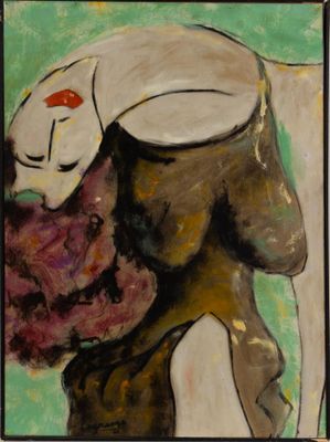 painting of a woman with a hat and a bouquet of flowers