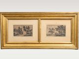 deux reproductions encadrées représentant des arbres et une rivière, dans un cadre doré