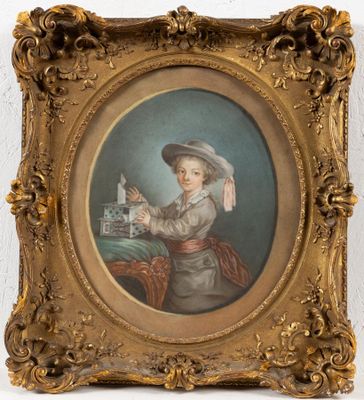 une image représentant un tableau où l'on voit un garçon coiffé d'un chapeau tenant un oiseau dans ses mains