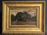 an oil painting of a field with trees in the background