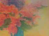 a painting of flowers in a blue vase on a table