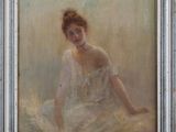 an oil painting of a woman in a white dress sitting on a bed