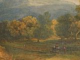 a painting of a horse drawn carriage in a field