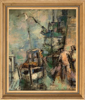 an image of a painting of a man standing next to a boat