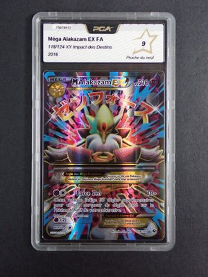 a close up of a pokemon trading card in a plastic case