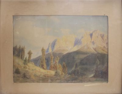 une image représentant un tableau représentant un paysage de montagne, dans un cadre