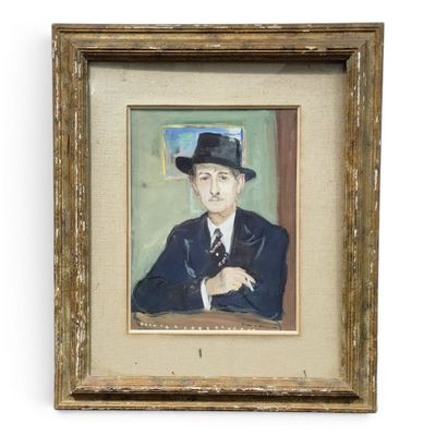 tableau représentant un homme en costume et chapeau, assis à une table