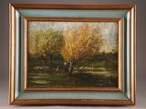 an oil painting of a tree and sheep in a field
