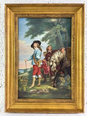 tableau représentant un garçon et une fille avec un cheval dans un paysage