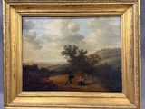 an oil painting of a man and a woman with a dog in a landscape